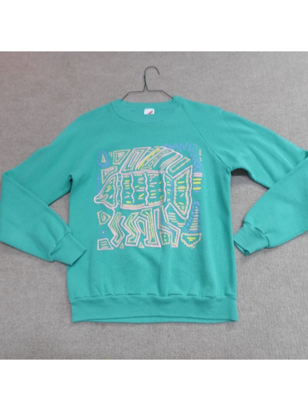 Vintage San Diego Sweatshirt Small Green Blue Teal Raglan Walking Fish